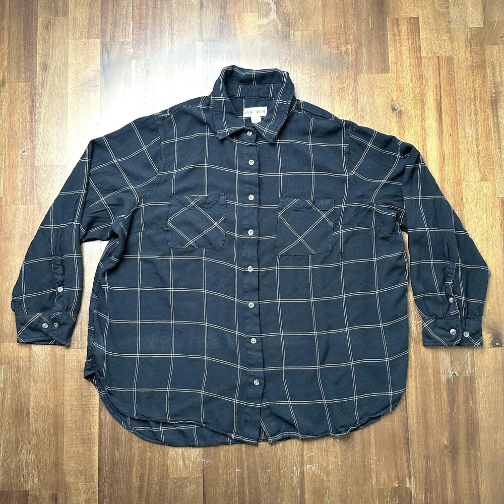 Ava & Viv Shirt Womens 2X Black White Plaid Button Down Rayon Long Sleeve Top
